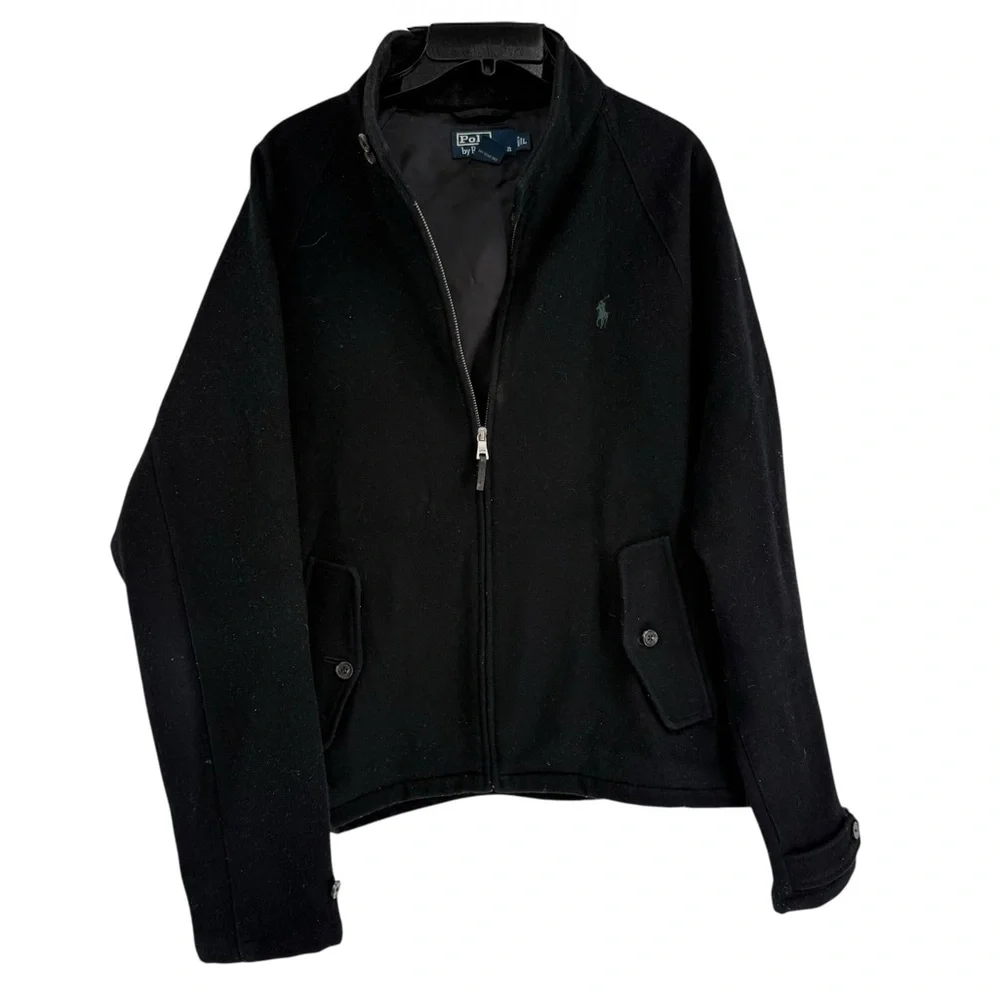 Polo Ralph Lauren Coat Mens Large Black Full Zip Lined Jacket Wool Blend